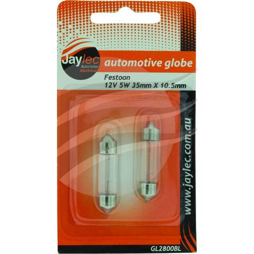 Pkt 2 Festoon Globe 12V 5W SV8.5 35mm x 10.5mm Blister Pack